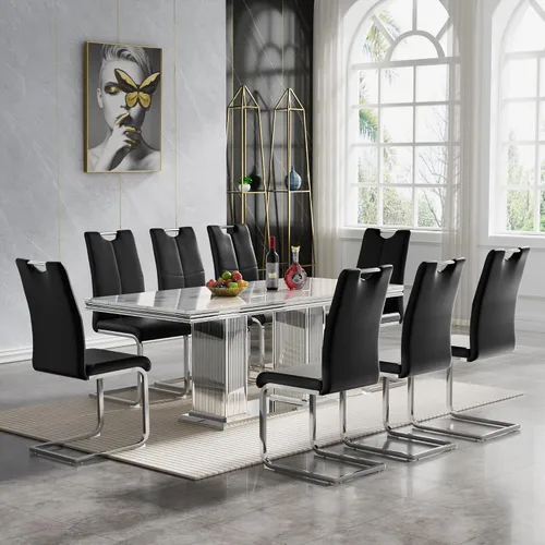 Miniatura 12 de Juego de mesa de comedor de 5 piezas, moderno juego de mesa de comedor para 4, 70 pulgadas, juego de mesa de comedor de mármol sintético blanco