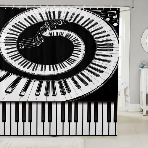 Miniatura 7 de Cortina de baño con estampado de notas musicales para baño, cortina de ducha temática de música, instrumentos retro, juego de cortina de ducha