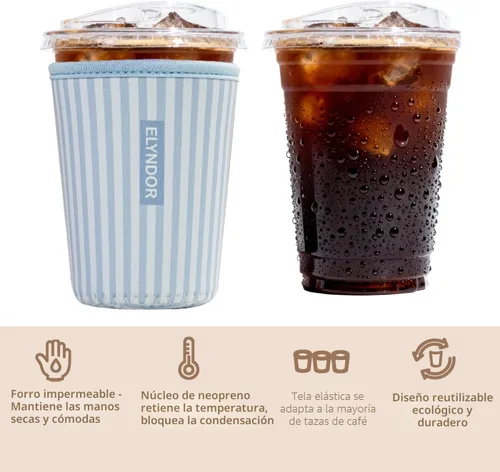 Miniatura 6 de Funda aislante reutilizable para taza de café helado, paquete de 3 fundas de neopreno para bebidas frías y calientes, soporte para bebidas para café