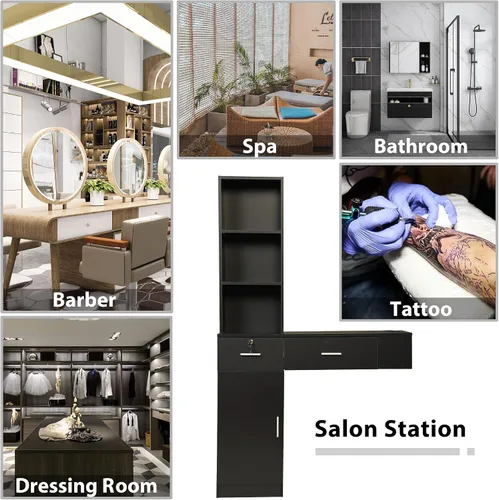 Miniatura 7 de Estación de peluquería para salón de belleza, estación de peluquería montada en la pared con estante de 3 niveles, equipo de peluquería spa