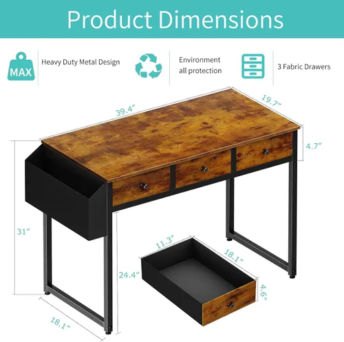 Miniatura 3 de Lufeiya - Escritorio con cajones para dormitorio, oficina en casa, con 3 cajones de almacenamiento de tela y bolsillo, mesa de estudio para Marrón