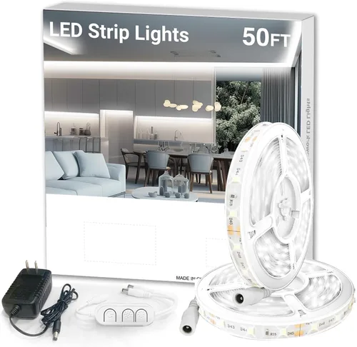 dalattin Tira de luces LED blancas regulables de 50 pies, súper brillante de 24 V, 6500 K, 900 luces LED para dormitorios, espejos, cocina,