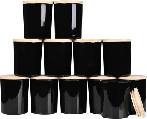 Miniatura 42 de SHOWIN Tarros de vela gruesos de 14 OZ para hacer velas 12 Piezas, tarros vacíos de 3 mechas con tapas de madera para hacer velas, recipiente
