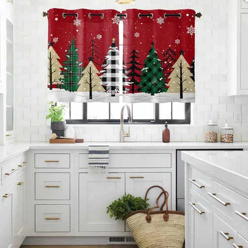 Miniatura 12 de Libaoge Cortinas de Navidad para cocina, dormitorio, juego de 2 paneles, diseño de muñeco de nieve de Navidad, cortinas de invierno con copos