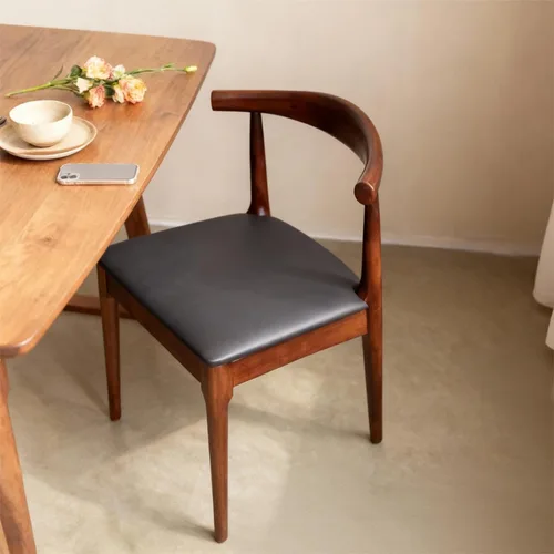 Miniatura 5 de Juego de 2 sillas de comedor de madera maciza, diseño moderno de espina de horquilla de mediados de siglo con elegante tapicería de cuero, sillas