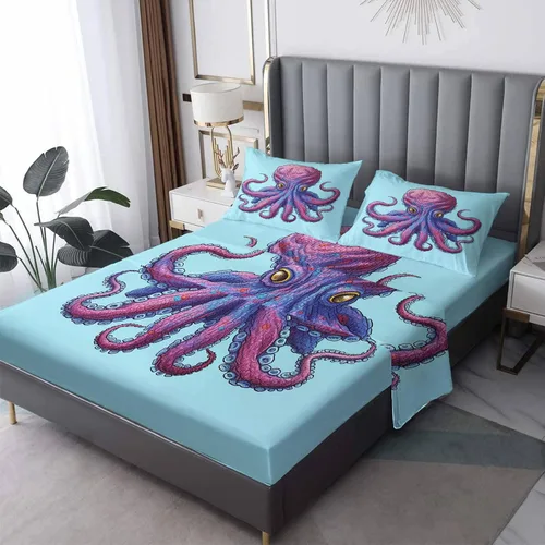 Juego de sábanas de pulpo, tamaño individual, sábanas de tentáculo, sábanas y fundas de almohada estampadas de 3 piezas, sábana bajera ajustable de