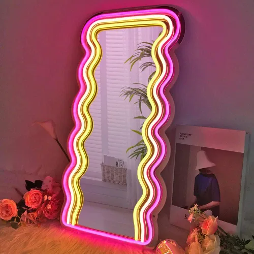 Miniatura 8 de jXIN Letreros de neón de espejo ondulado para decoración de pared, espejos decorativos irregulares montados en la pared con luces de neón regulables