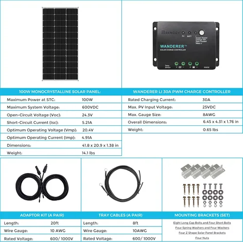 Miniatura 8 de Renogy - Kit básico de panel solar de 100W 12V, panel solar monocristalino de 100 vatios, controlador de carga PWM LCD de 30A, kit de adaptadores