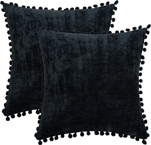 HWY 50 Juego de 2 fundas de cojín decorativas con pompones, fundas de cojín de felpilla suave y sólida para sofá, cama y sala de estar, 18 x 18