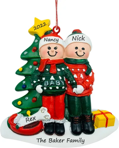 Adorno Colgante de Pareja Embarazada y Perro - Adorno de Navidad para Esperando con Hueso de Perro, Personalizado Pareja con hueso