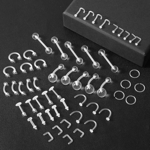 Miniatura 7 de Yolev Juego de 55 piercings de acrílico transparente: aretes para la nariz, aros para la nariz, anillos para el vientre, retenedores de tabique