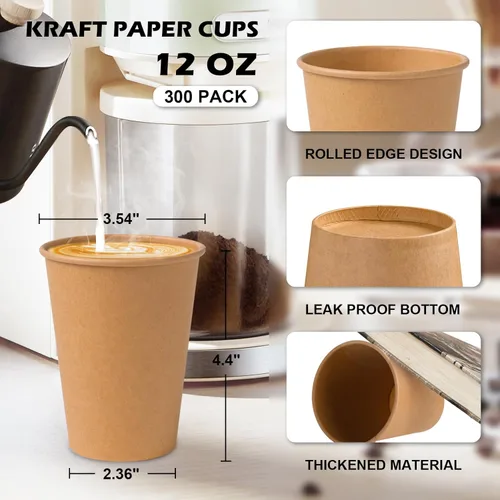 Miniatura 2 de SIUQ Paquete de 300 vasos de papel kraft de 12 onzas, vasos de café de papel desechables sin blanquear, tazas gruesas para bebidas calientes/frías
