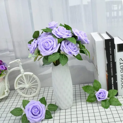 Miniatura 4 de Higfra Flores artificiales, 25 unidades, rosas falsas de espuma de color lila de aspecto real con tallos para ramos de boda, centros de mesa