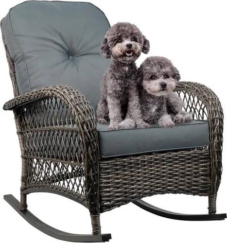 Mecedora de mimbre, mecedora de ratán para patio, muebles de mimbre para todo tipo de clima, para porche, terraza, jardín, patio trasero (gris), 1