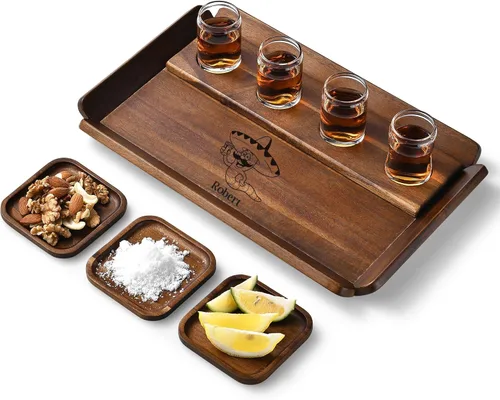 Miniatura 10 de Juego de bandejas de vuelo de tequila de madera rústica, tabla de degustación con 4 vasos de chupito y posavasos, muestra de cóctel para fiestas