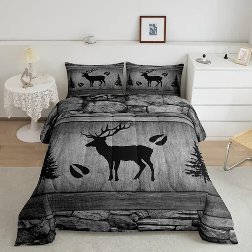 Miniatura 46 de Juego de edredón rústico de oso tamaño completo, juego de ropa de cama de caza de animales salvajes de 3 piezas, edredón de plumón vintage de cabaña