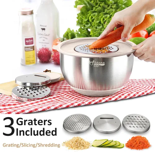 Miniatura 2 de Wildone Cuencos para Mezclar con Tapas Herméticas, 27 PCS Cuencos de Acero Inoxidable Anidables, con 3 Accesorios de Rallador, Marca de Escala