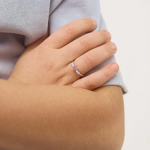 Miniatura 3 de Anillos de plata de ley 925 con circonita cúbica redonda y rosa brillante para niñas, anillos de circonita cúbica de moda para preadolescentes