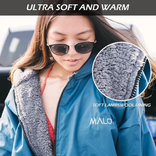 Miniatura 8 de Malo'o Parka de Surf con Forro Sherpa para Adultos Bata de Cambio, Parka de Natación Impermeable y Resistente al Viento, Bata Seca con Capucha