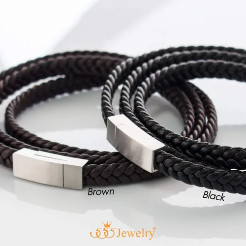 Miniatura 6 de 555Jewelry Pulsera de cierre magnético de cordón de cuero trenzado de acero inoxidable, Metal