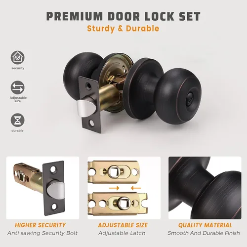 Miniatura 4 de KNOBWELL Pomos de puerta de privacidad, pomo de puerta de cama y baño con cerradura, pomos de puerta de bronce aceitado interior, pomo de puerta