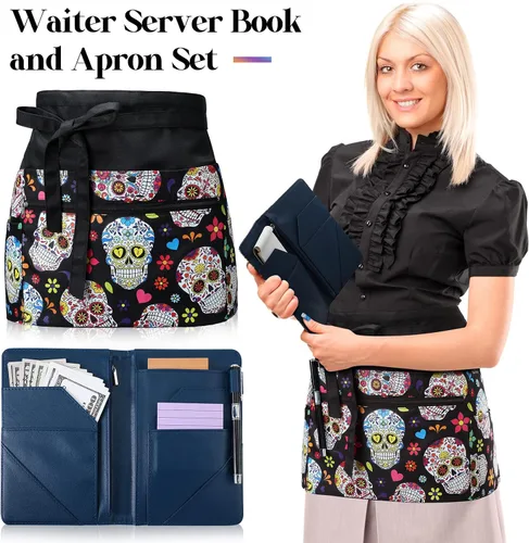 Miniatura 2 de Jetec 2 Pcs Waist Apron with 6 Pockets and Leather Server Book for Waitress Patterned Server Half Apron with Zipper for Women