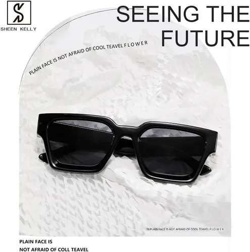 Miniatura 7 de SHEEN KELLY Gafas de sol rectangulares gruesas retro gruesas para mujeres y hombres, a la moda, cuadrados, negros, montura tipo tortie, gafas