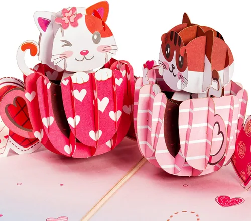 Miniatura 3 de Paper Love Tarjeta romántica desplegable 3D, taza de gato con amor, para el día de la madre, día de San Valentín, aniversario, boda, compromiso