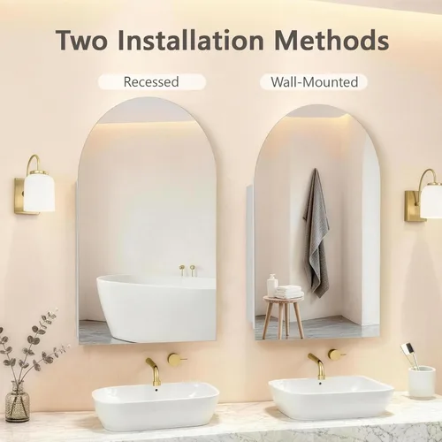 Miniatura 4 de Botiquín arqueado con espejo, 20 x 30 pulgadas, gabinete de pared con espejo sin marco, empotrado o montaje en superficie para baño, dormitorio