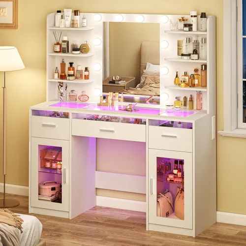 HUAHUU Escritorio de tocador, escritorio de maquillaje con espejo y luces, 3 colores, parte superior transparente con 3 cajones RGB, 6 estantes, 2