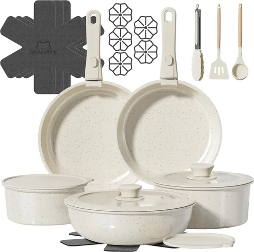 Juego de 23 ollas y sartenes antiadherentes, juego de utensilios de cocina de cerámica no tóxicos con asas desmontables, utensilios de cocina de