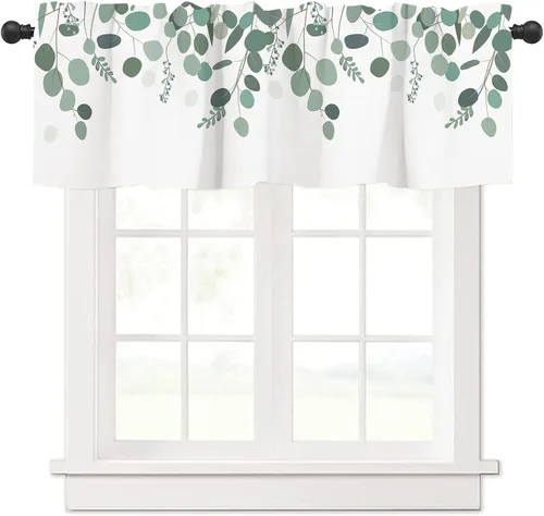 Miniatura 9 de Cortinas Cenefa Verde Salvia Floral Cocina con Bolsillo para Barra Paneles Cortos Acuarela Hojas de Eucalipto Retro Tratamiento de Ventana Cortinas