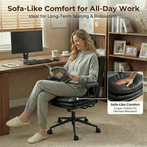 Miniatura 3 de Silla de oficina negra con asiento ancho grueso de triple capa, silla de escritorio de cuero con respaldo medio con ruedas y brazos, silla