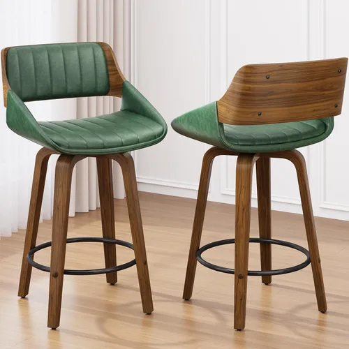 Miniatura 24 de Juego de taburetes de bar de 1, taburetes de bar giratorios de 26" de altura de mostrador con respaldo y patas de madera curvada de nogal, sillas