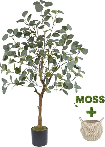 Warmplants Árbol de eucalipto artificial, hojas de seda verde de 4 pies de alto, planta sintética perfecta con canasta, árboles de eucalipto falsos