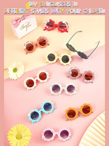 Miniatura 11 de Dunzy 10 pares de lentes de sol redondos de flores para niños, gafas de bricolaje para exteriores, con 50 margaritas, 100 cuentas de letras al azar
