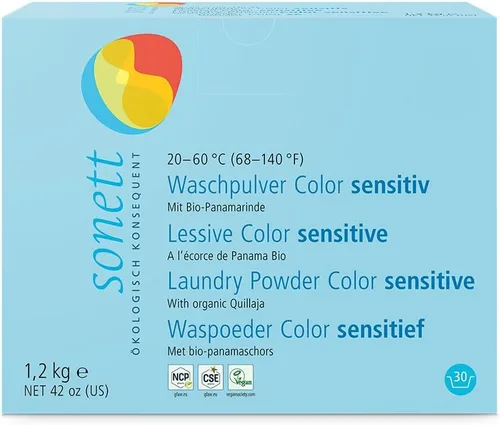 Sonett Polvo de lavandería orgánico sensible al color para pieles sensibles para personas con alergias (42 onzas) certificado cultivado orgánicamente
