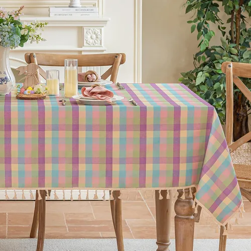 Miniatura 13 de JIALE - Mantel cuadrado de lino de algodón de cuadros Gingham con borlas, lavable, sin arrugas, mantel a cuadros de búfalo para fiesta al aire