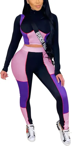 Conjunto deportivo casual de 2 piezas para mujer diseño de retazos y bloques de color pantalón largo conjunto de yoga para correr