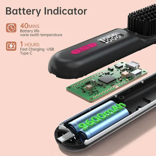 Miniatura 3 de Cepillo alisador de cabello, mini cepillo alisador inalámbrico portátil para viajes, iones negativos con peine caliente con 9 temperaturas