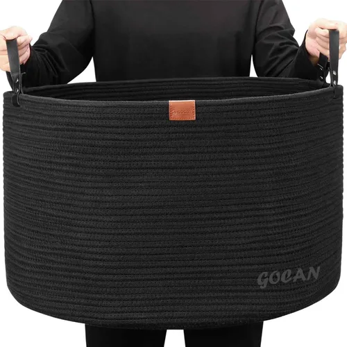 GOCAN Cesta de almacenamiento extragrande para lavandería, 22 x 22 x 14 pulgadas, cuerda de algodón tejida para cesta de mantas con asas para sala