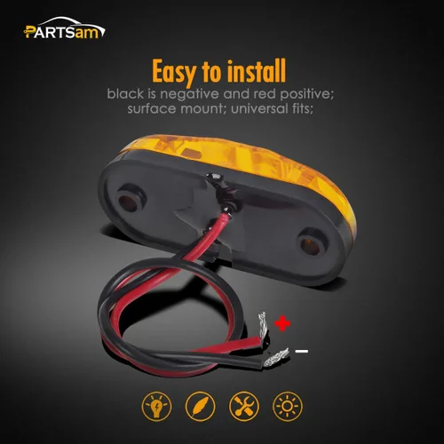 Miniatura 5 de Partsam 4 piezas de 2.5 pulgadas de lente ámbar ovalada, 2 diodos LED para luz lateral de gálibo de camión y remolque