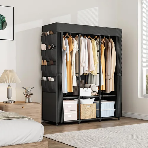 Miniatura 8 de Armario portátil para colgar ropa, perchero de gran capacidad con tapa, 3 varillas para colgar, 6 estantes y 8 bolsillos, armario fuerte y estable