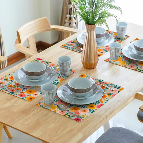 Miniatura 6 de Juego de 4 manteles individuales con estampado de flores de acuarela para decoración de mesa de comedor en el hogar, interior y exterior