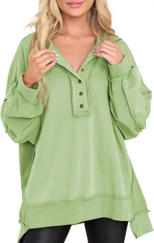 Miniatura 22 de AlvaQ - Sudadera de gran tamaño para mujer, informal, de manga larga, con botones y cuello Henley, tipo túnica