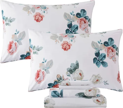 Miniatura 27 de FADFAY Juego de sábanas tamaño King, 100% algodón, elegante ropa de cama de granja con hojas verdes menta y flores blancas, sábana suave