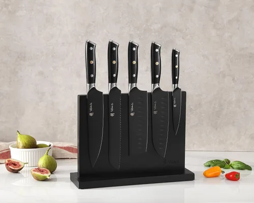 Miniatura 9 de Wakoli Juego de bloque de cuchillos de titanio noir – Juego de 5 cuchillos de chef con bloque magnético de acacia Cuchillas de acero inoxidable