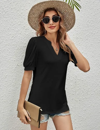 Miniatura 5 de Romanstii Camisetas casuales con cuello en V para mujer, blusas sueltas de manga corta abombada