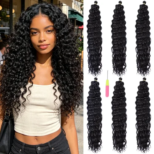 Miniatura 16 de MAYSA Extensiones de cabello sintético de ganchillo con ondas oceánicas, color 4 marrón, 22 pulgadas, rizado trenzado, extensiones de cabello