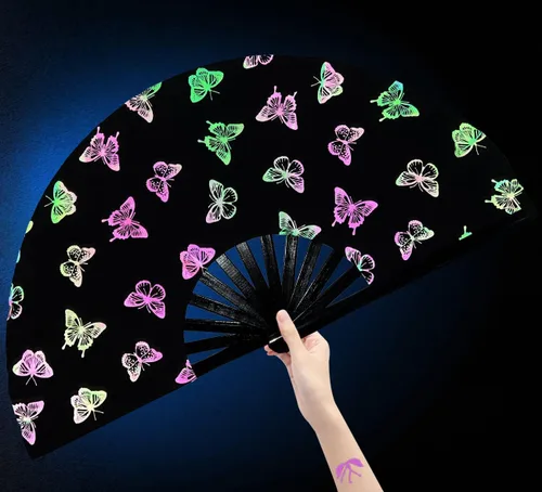 Abanicos grandes plegables para rave, ventilador de mano para baile de línea, para baile, fiesta, decoración, festival (mariposa colorida)